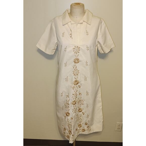 Tesoro's Philippines Vintage 60's Beige Barong Tagalog Embroidery Detail Dress M - Picture 1 of 11